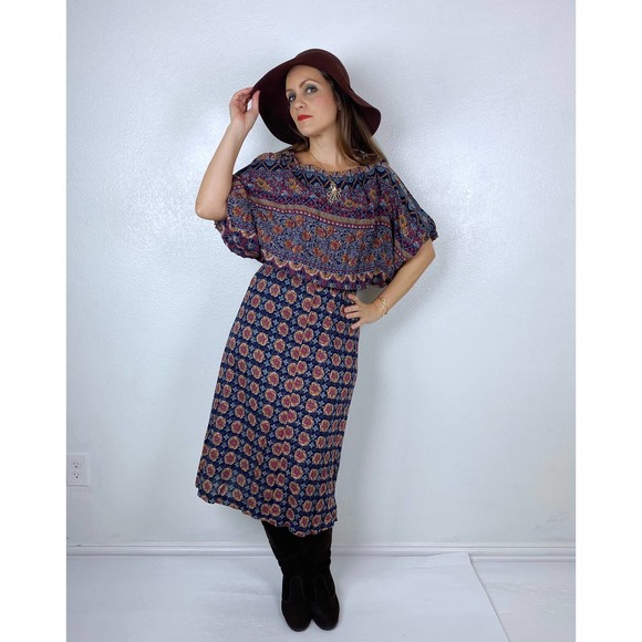 vintage 70s Wide Sleeve FLORAL PRINT Boho DRESS Small peasant dolman sleeve midi - Picture 6 of 10